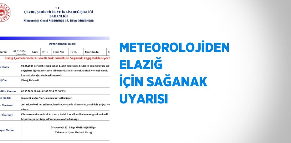 METEOROLOJİDEN ELAZIĞ İÇİN SAĞANAK UYARISI