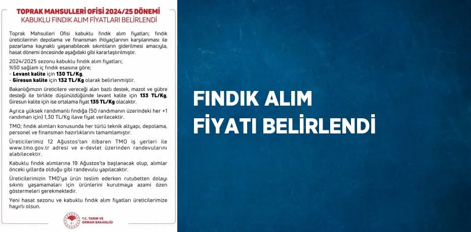 FINDIK ALIM FİYATI BELİRLENDİ