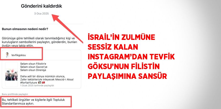 İSRAİL’İN ZULMÜNE SESSİZ KALAN INSTAGRAM’DAN TEVFİK GÖKSU’NUN FİLİSTİN PAYLAŞIMINA SANSÜR