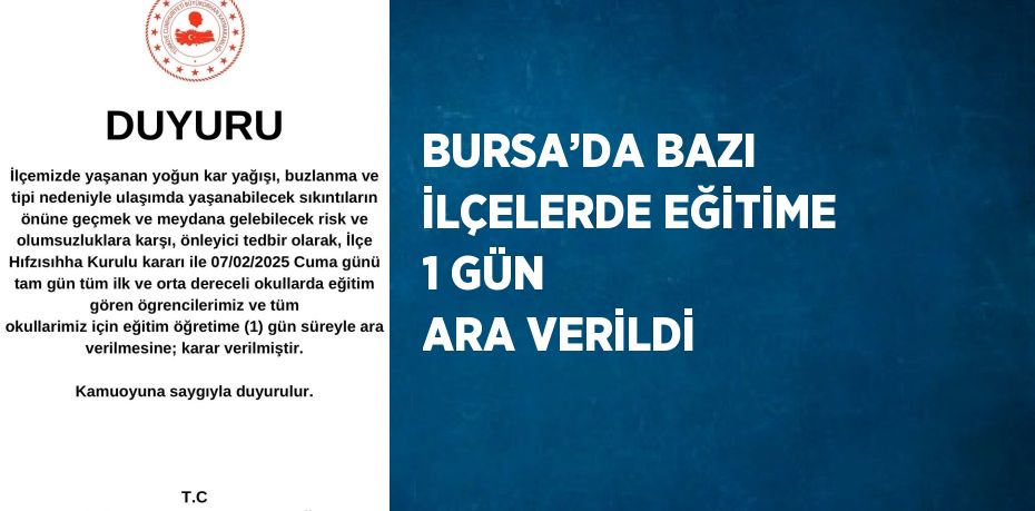 BURSA’DA BAZI İLÇELERDE EĞİTİME 1 GÜN ARA VERİLDİ