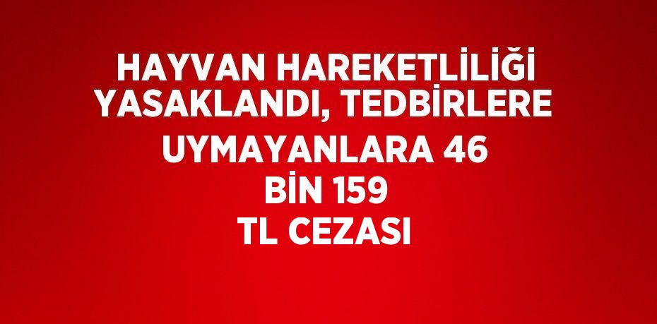 HAYVAN HAREKETLİLİĞİ YASAKLANDI, TEDBİRLERE UYMAYANLARA 46 BİN 159 TL CEZASI