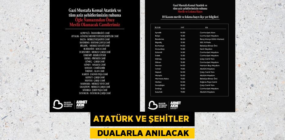 ATATÜRK VE ŞEHİTLER   DUALARLA ANILACAK