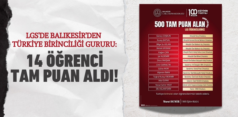 LGS'de Balıkesir'den Türkiye Birinciliği Gururu: 14 Öğrenci Tam Puan Aldı!