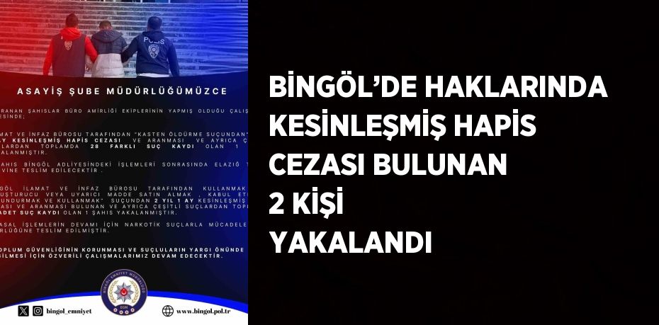 BİNGÖL’DE HAKLARINDA KESİNLEŞMİŞ HAPİS CEZASI BULUNAN 2 KİŞİ YAKALANDI