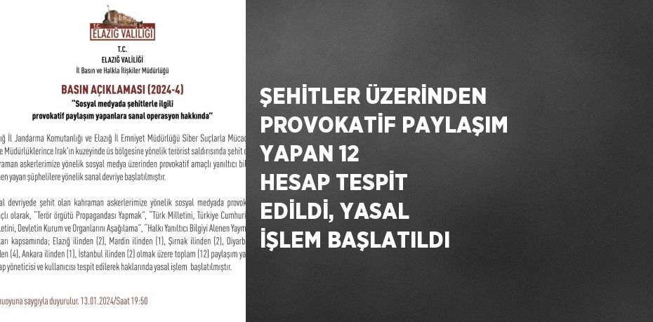 ŞEHİTLER ÜZERİNDEN PROVOKATİF PAYLAŞIM YAPAN 12 HESAP TESPİT EDİLDİ, YASAL İŞLEM BAŞLATILDI
