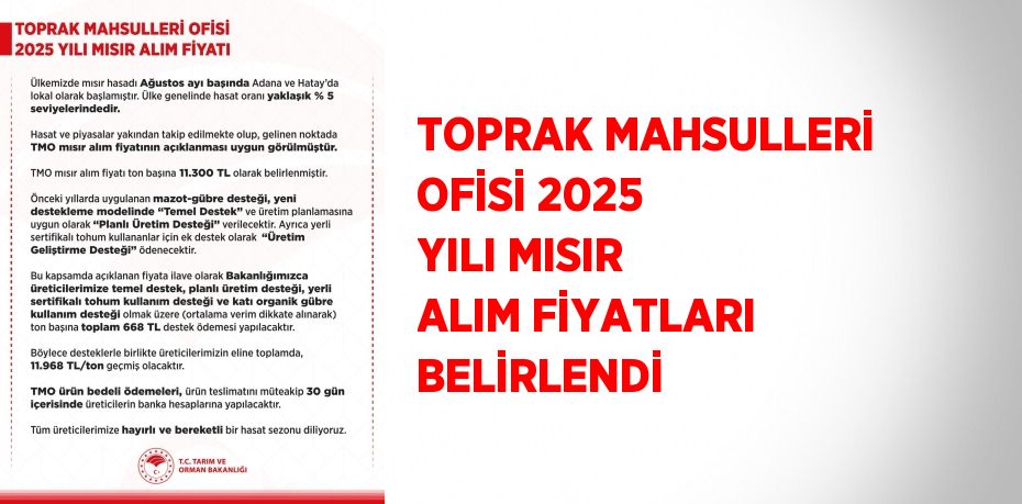 TOPRAK MAHSULLERİ OFİSİ 2025 YILI MISIR ALIM FİYATLARI BELİRLENDİ