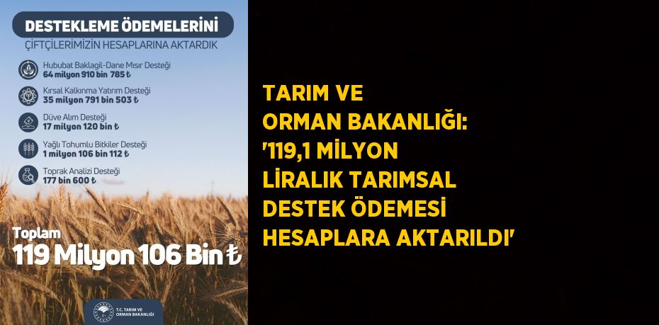 TARIM VE ORMAN BAKANLIĞI: '119,1 MİLYON LİRALIK TARIMSAL DESTEK ÖDEMESİ HESAPLARA AKTARILDI'