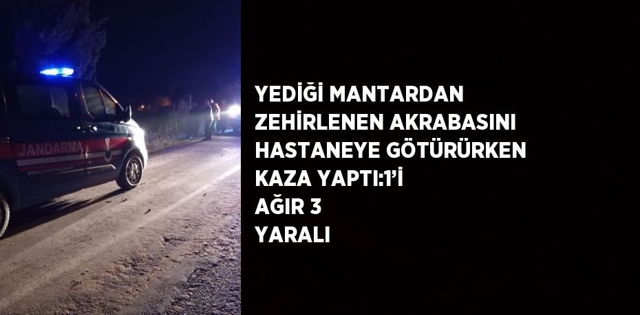 YEDİĞİ MANTARDAN ZEHİRLENEN AKRABASINI HASTANEYE GÖTÜRÜRKEN KAZA YAPTI:1’İ AĞIR 3 YARALI