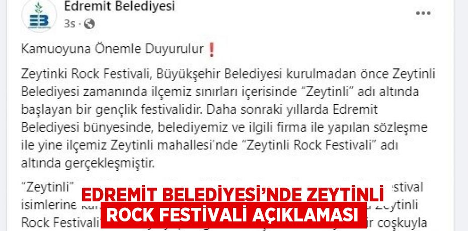 EDREMİT BELEDİYESİ’NDE ZEYTİNLİ ROCK FESTİVALİ AÇIKLAMASI