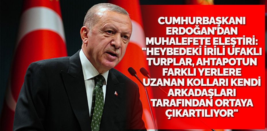 CUMHURBAŞKANI ERDOĞAN’DAN MUHALEFETE ELEŞTİRİ: "HEYBEDEKİ İRİLİ UFAKLI TURPLAR, AHTAPOTUN FARKLI YERLERE UZANAN KOLLARI KENDİ ARKADAŞLARI TARAFINDAN ORTAYA ÇIKARTILIYOR"