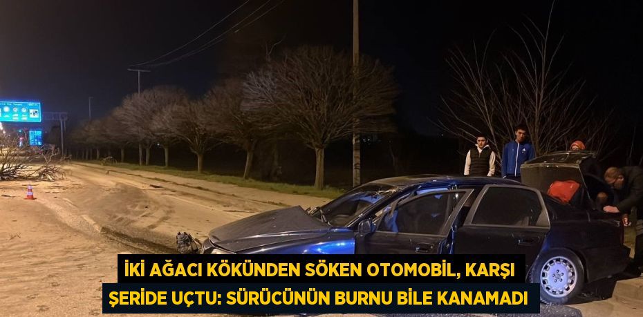 İKİ AĞACI KÖKÜNDEN SÖKEN OTOMOBİL, KARŞI ŞERİDE UÇTU: SÜRÜCÜNÜN BURNU BİLE KANAMADI