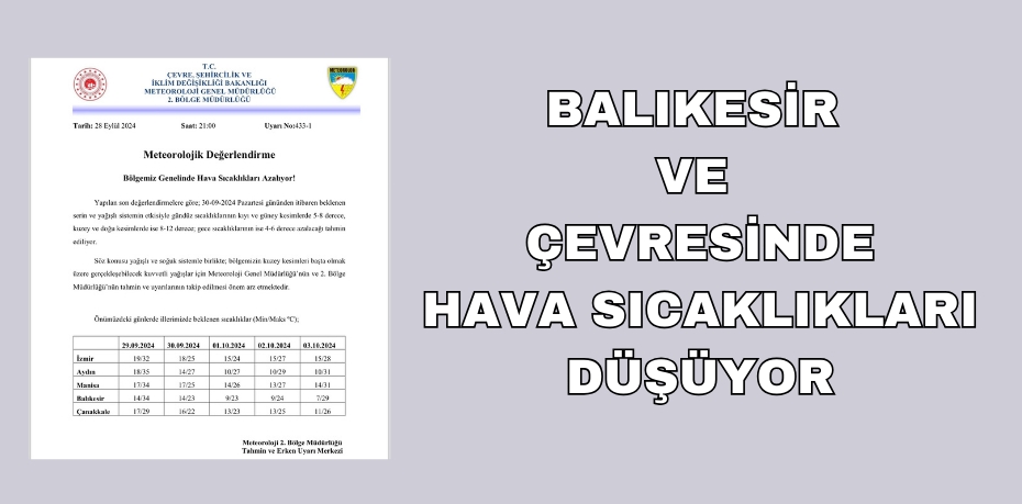 BALIKESİR VE ÇEVRESİNDE HAVA SICAKLIKLARI DÜŞÜYOR