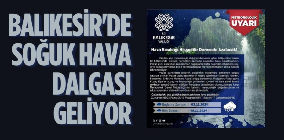 BALIKESİR'DE SOĞUK HAVA DALGASI GELİYOR