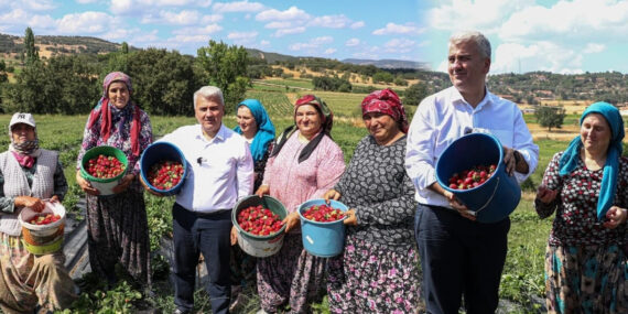 Üreticilerle buluştu, çilek topladı