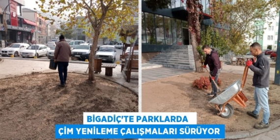 BİGADİÇ’TE PARKLARDA   ÇİM YENİLEME ÇALIŞMALARI SÜRÜYOR