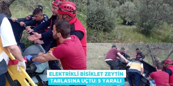 ELEKTRİKLİ BİSİKLET ZEYTİN TARLASINA UÇTU: 5 YARALI