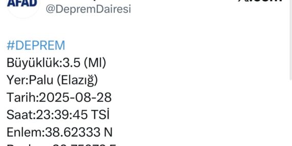 Elazığ’da 3.5 büyüklüğünde deprem