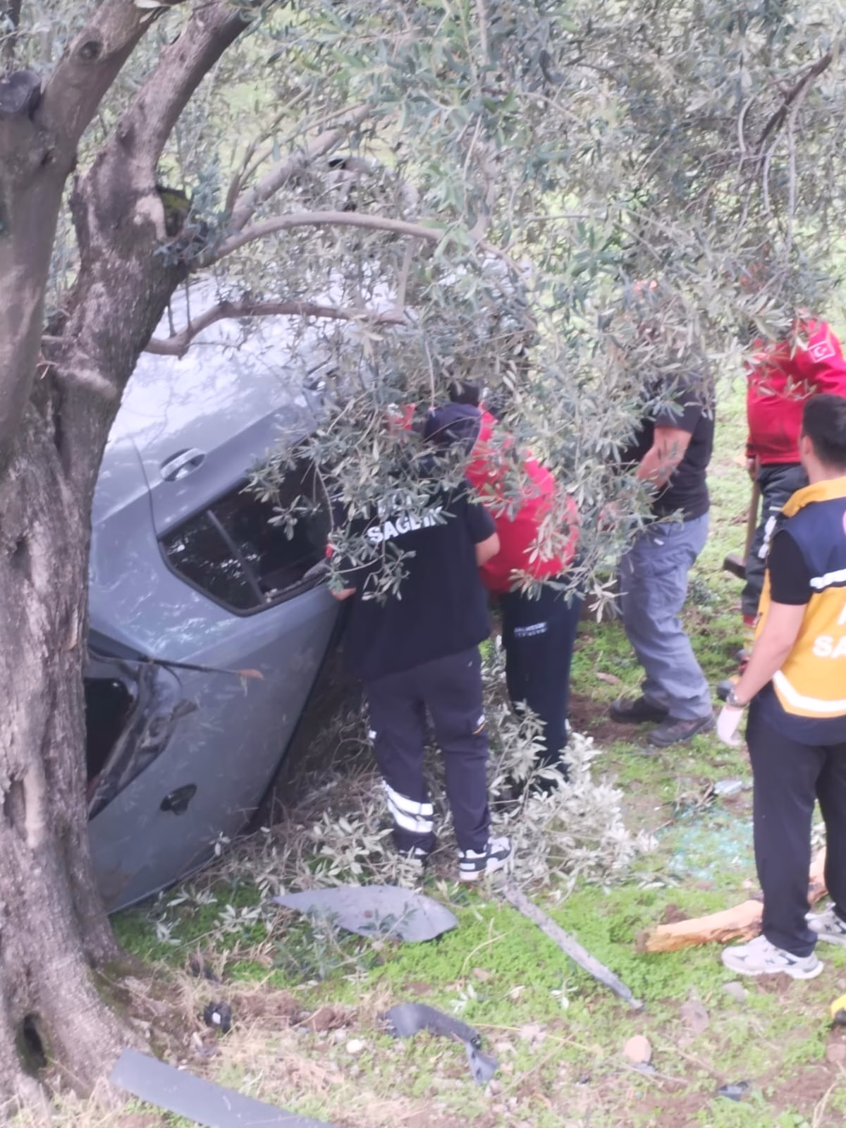 Balıkesir'de zeytinliğe devrilen otomobildeki 2 kişi yaralandı