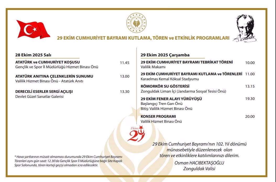 Zonguldak’ta 29 Ekim programı belli oldu