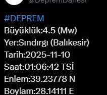 Balıkesir’de 4.5 büyüklüğünde deprem