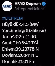 Balıkesir’de 4.5 büyüklüğünde deprem