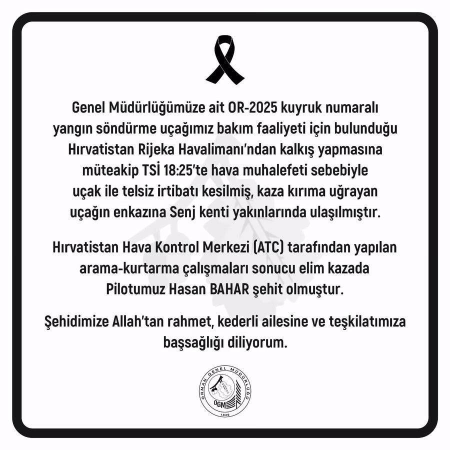 Orman Genel Müdürü Karacabey’den şehit pilot için başsağlığı mesajı